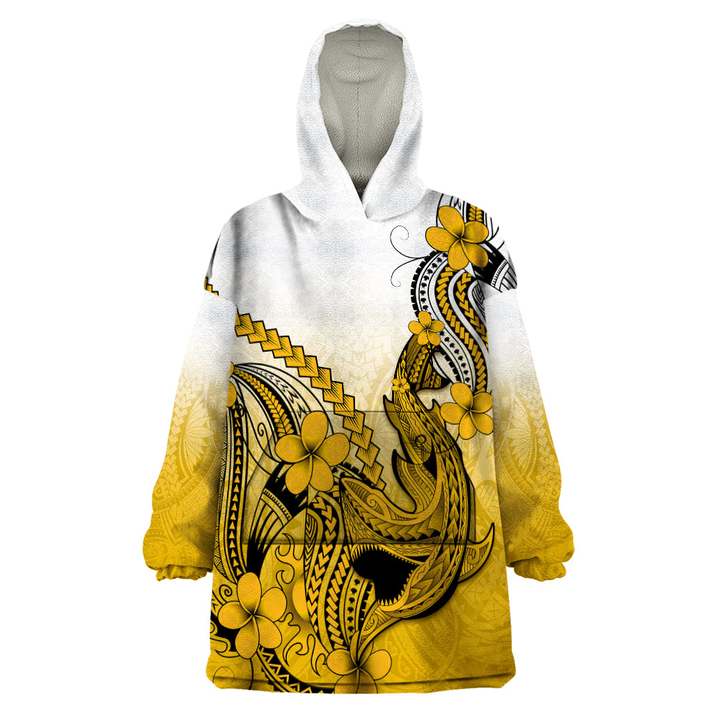 Hawaii Wearable Blanket Hoodie Polynesian Shark Tattoo With Plumeria Gold Gradient - Wonder Print Shop