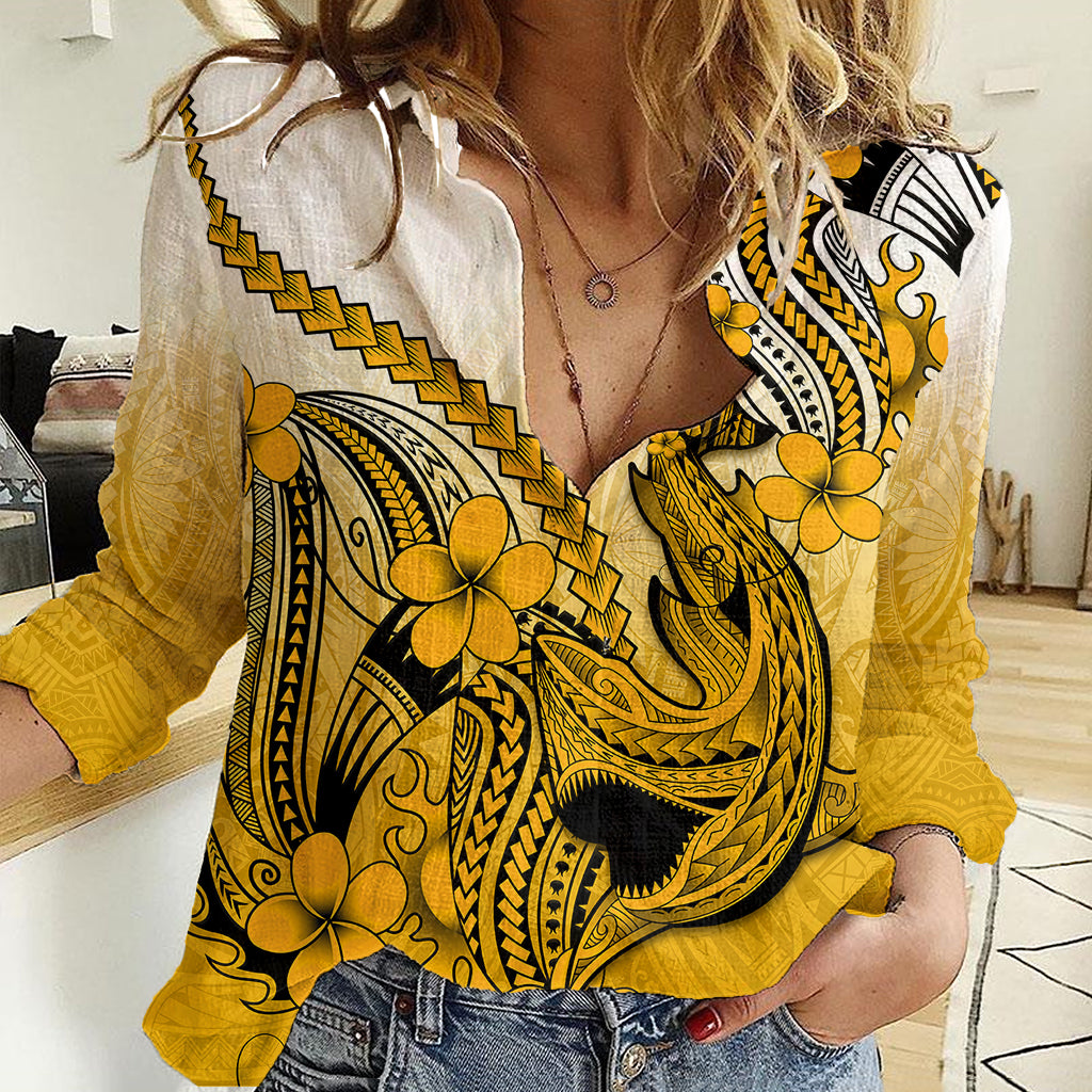 Hawaii Women Casual Shirt Polynesian Shark Tattoo With Plumeria Gold Gradient - Wonder Print Shop