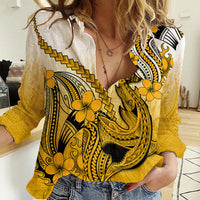 Hawaii Women Casual Shirt Polynesian Shark Tattoo With Plumeria Gold Gradient - Wonder Print Shop