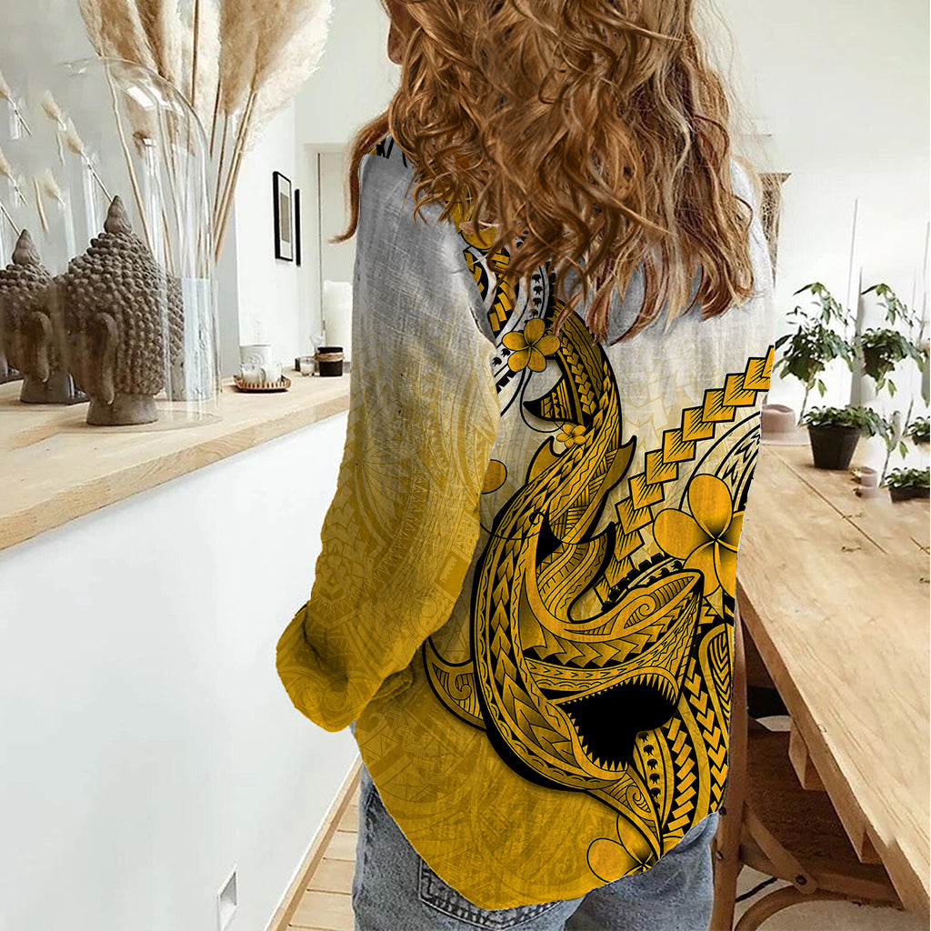 Hawaii Women Casual Shirt Polynesian Shark Tattoo With Plumeria Gold Gradient - Wonder Print Shop