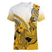 Hawaii Women V Neck T Shirt Polynesian Shark Tattoo With Plumeria Gold Gradient - Wonder Print Shop