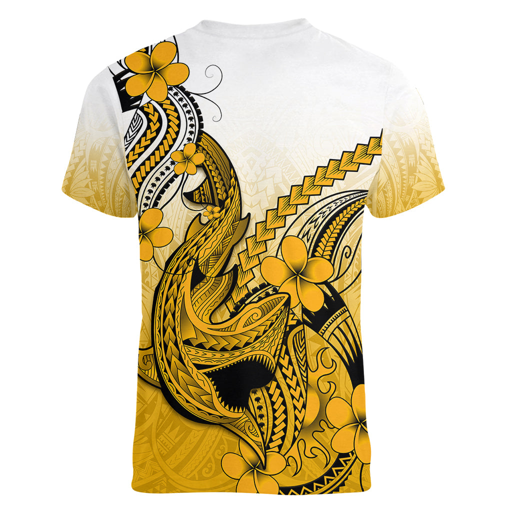 Hawaii Women V Neck T Shirt Polynesian Shark Tattoo With Plumeria Gold Gradient - Wonder Print Shop