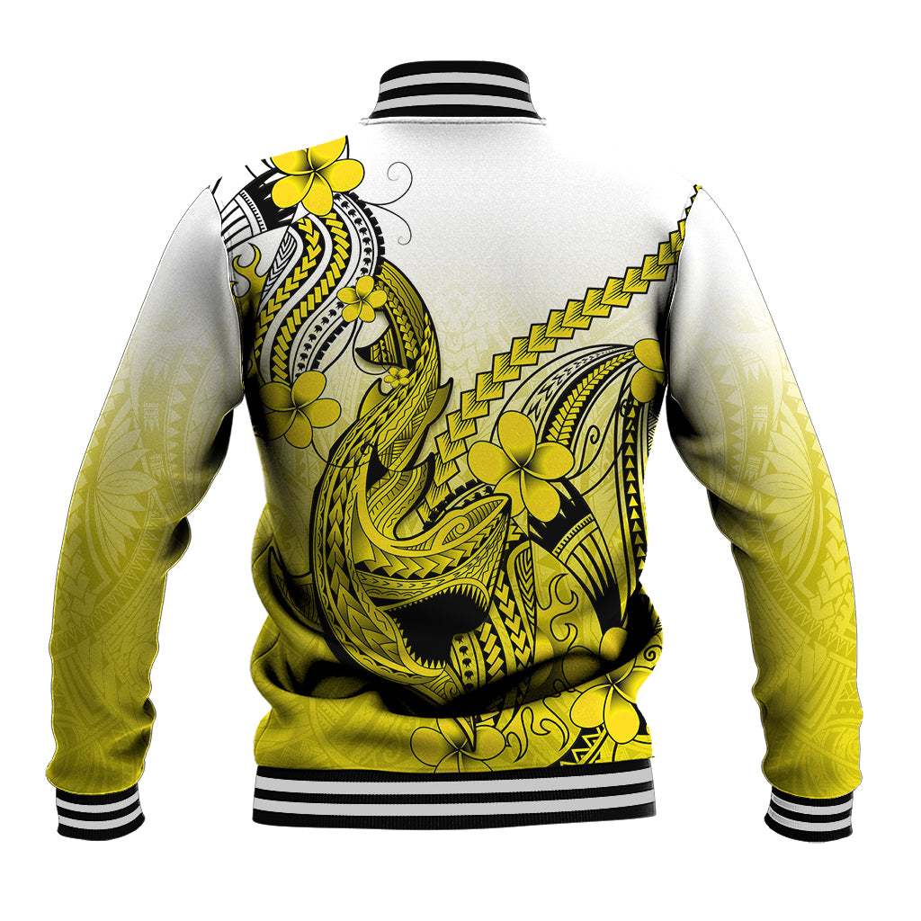 Hawaii Baseball Jacket Polynesian Shark Tattoo With Plumeria Yellow Gradient - Wonder Print Shop