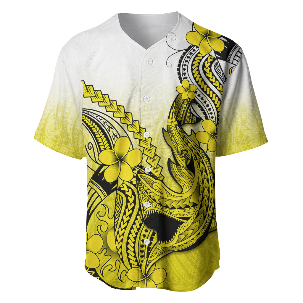 Hawaii Baseball Jersey Polynesian Shark Tattoo With Plumeria Yellow Gradient - Wonder Print Shop