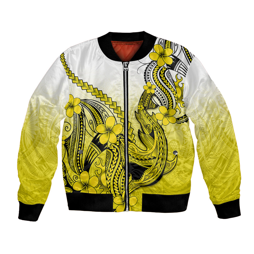 Hawaii Bomber Jacket Polynesian Shark Tattoo With Plumeria Yellow Gradient - Wonder Print Shop