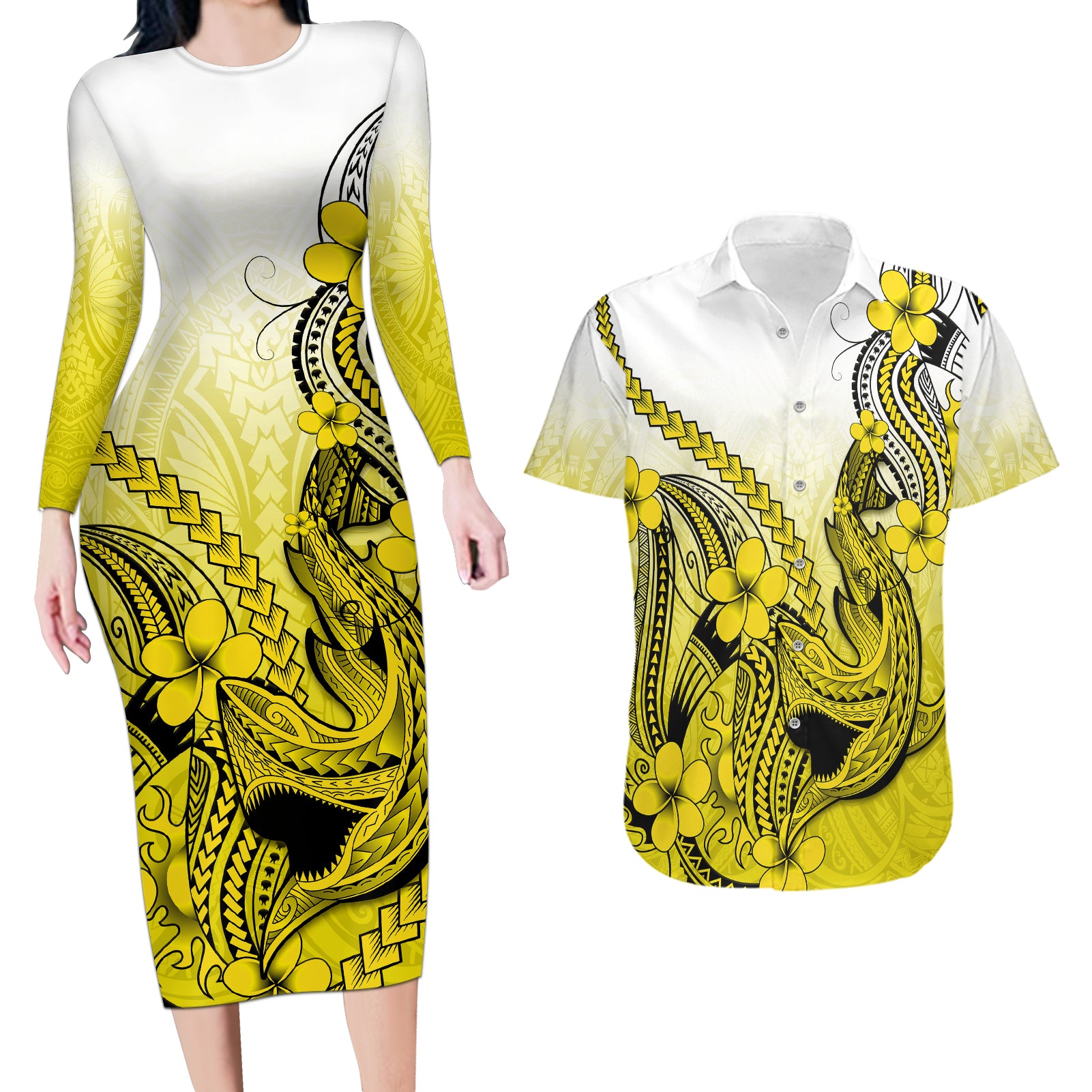 Hawaii Couples Matching Long Sleeve Bodycon Dress and Hawaiian Shirt Polynesian Shark Tattoo With Plumeria Yellow Gradient - Wonder Print Shop
