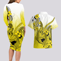 Hawaii Couples Matching Long Sleeve Bodycon Dress and Hawaiian Shirt Polynesian Shark Tattoo With Plumeria Yellow Gradient - Wonder Print Shop