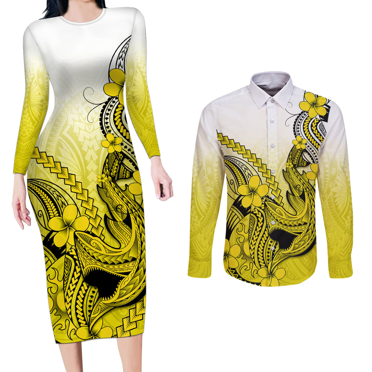 Hawaii Couples Matching Long Sleeve Bodycon Dress and Long Sleeve Button Shirts Polynesian Shark Tattoo With Plumeria Yellow Gradient - Wonder Print Shop