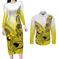 Hawaii Couples Matching Long Sleeve Bodycon Dress and Long Sleeve Button Shirts Polynesian Shark Tattoo With Plumeria Yellow Gradient - Wonder Print Shop
