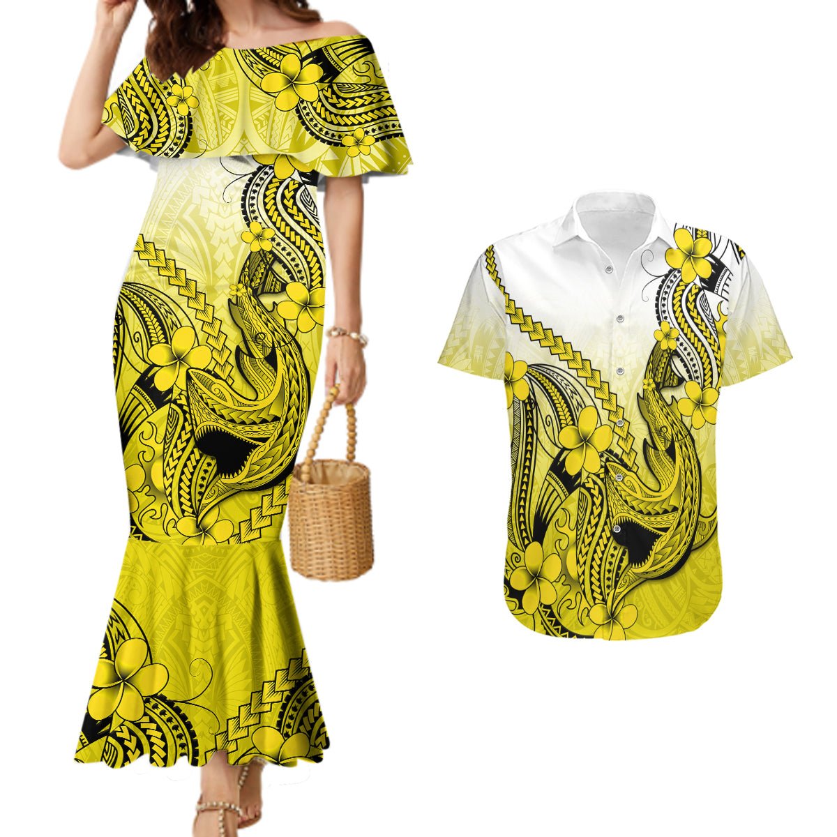 Hawaii Couples Matching Mermaid Dress And Hawaiian Shirt Polynesian Shark Tattoo With Plumeria Yellow Gradient - Wonder Print Shop
