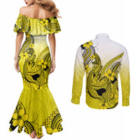 hawaii-couples-matching-mermaid-dress-and-long-sleeve-button-shirts-polynesian-shark-tattoo-with-plumeria-yellow-gradient