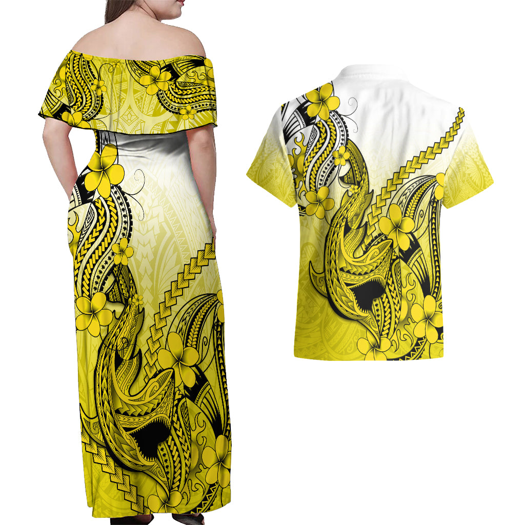 Hawaii Couples Matching Off Shoulder Maxi Dress and Hawaiian Shirt Polynesian Shark Tattoo With Plumeria Yellow Gradient - Wonder Print Shop