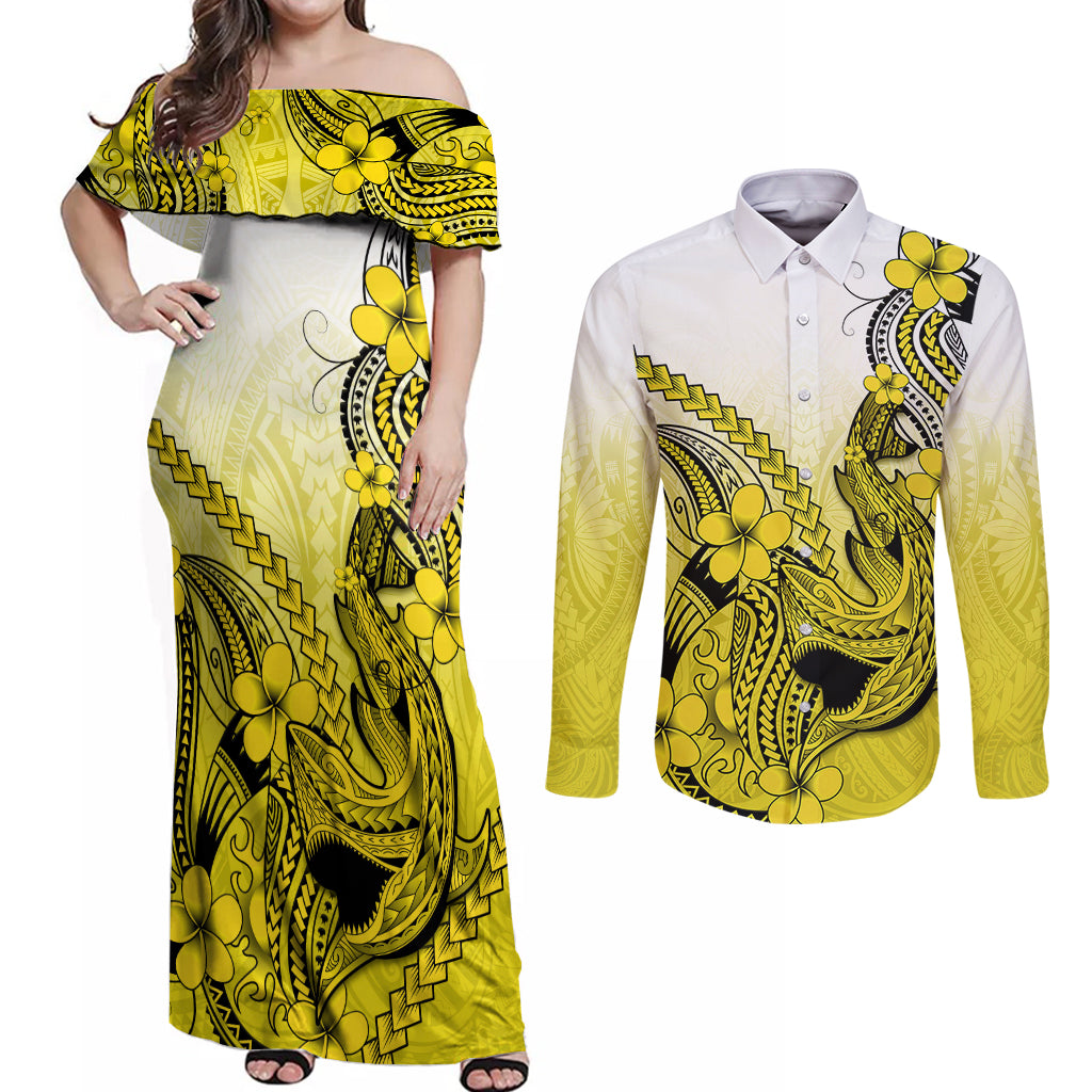 Hawaii Couples Matching Off Shoulder Maxi Dress and Long Sleeve Button Shirts Polynesian Shark Tattoo With Plumeria Yellow Gradient - Wonder Print Shop