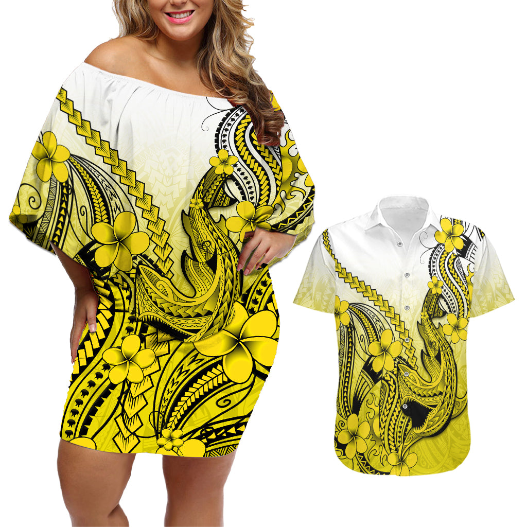 Hawaii Couples Matching Off Shoulder Short Dress and Hawaiian Shirt Polynesian Shark Tattoo With Plumeria Yellow Gradient - Wonder Print Shop