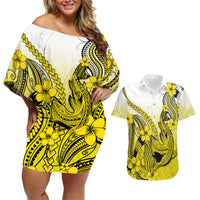 Hawaii Couples Matching Off Shoulder Short Dress and Hawaiian Shirt Polynesian Shark Tattoo With Plumeria Yellow Gradient - Wonder Print Shop