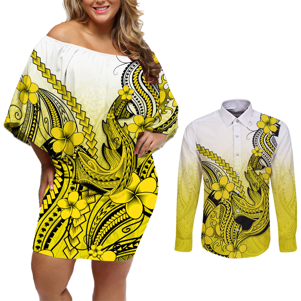 Hawaii Couples Matching Off Shoulder Short Dress and Long Sleeve Button Shirts Polynesian Shark Tattoo With Plumeria Yellow Gradient - Wonder Print Shop