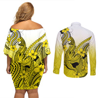 Hawaii Couples Matching Off Shoulder Short Dress and Long Sleeve Button Shirts Polynesian Shark Tattoo With Plumeria Yellow Gradient - Wonder Print Shop