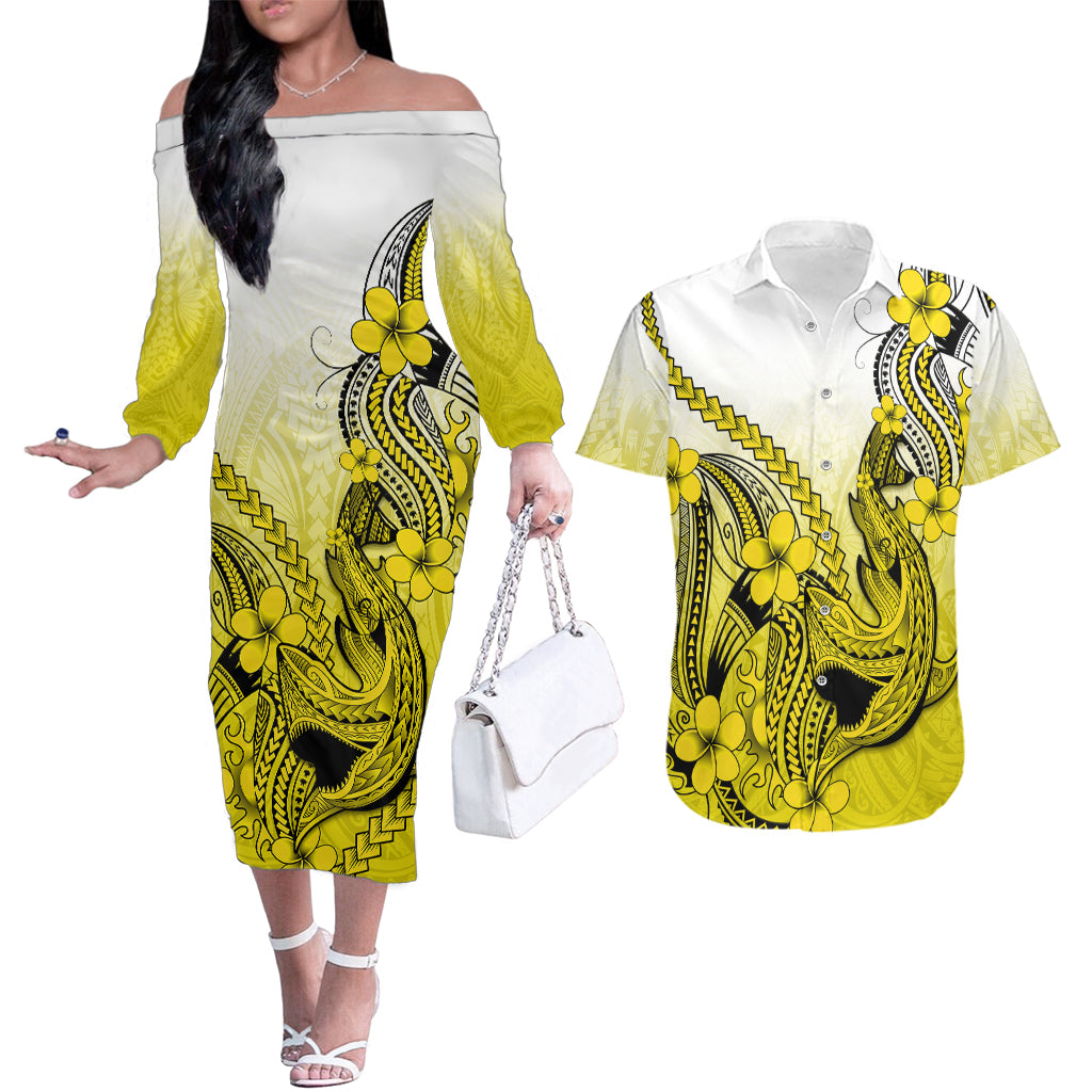 Hawaii Couples Matching Off The Shoulder Long Sleeve Dress and Hawaiian Shirt Polynesian Shark Tattoo With Plumeria Yellow Gradient - Wonder Print Shop