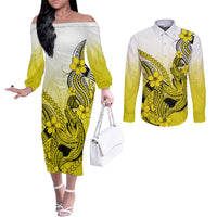 hawaii-couples-matching-off-the-shoulder-long-sleeve-dress-and-long-sleeve-button-shirts-polynesian-shark-tattoo-with-plumeria-yellow-gradient