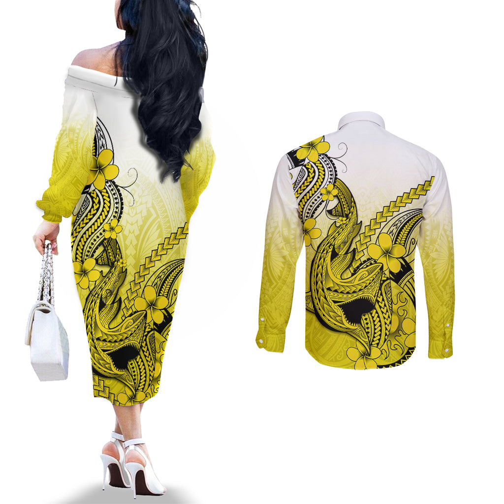 hawaii-couples-matching-off-the-shoulder-long-sleeve-dress-and-long-sleeve-button-shirts-polynesian-shark-tattoo-with-plumeria-yellow-gradient