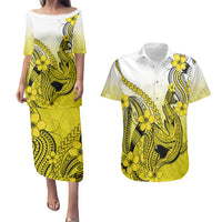 Hawaii Couples Matching Puletasi Dress and Hawaiian Shirt Polynesian Shark Tattoo With Plumeria Yellow Gradient - Wonder Print Shop