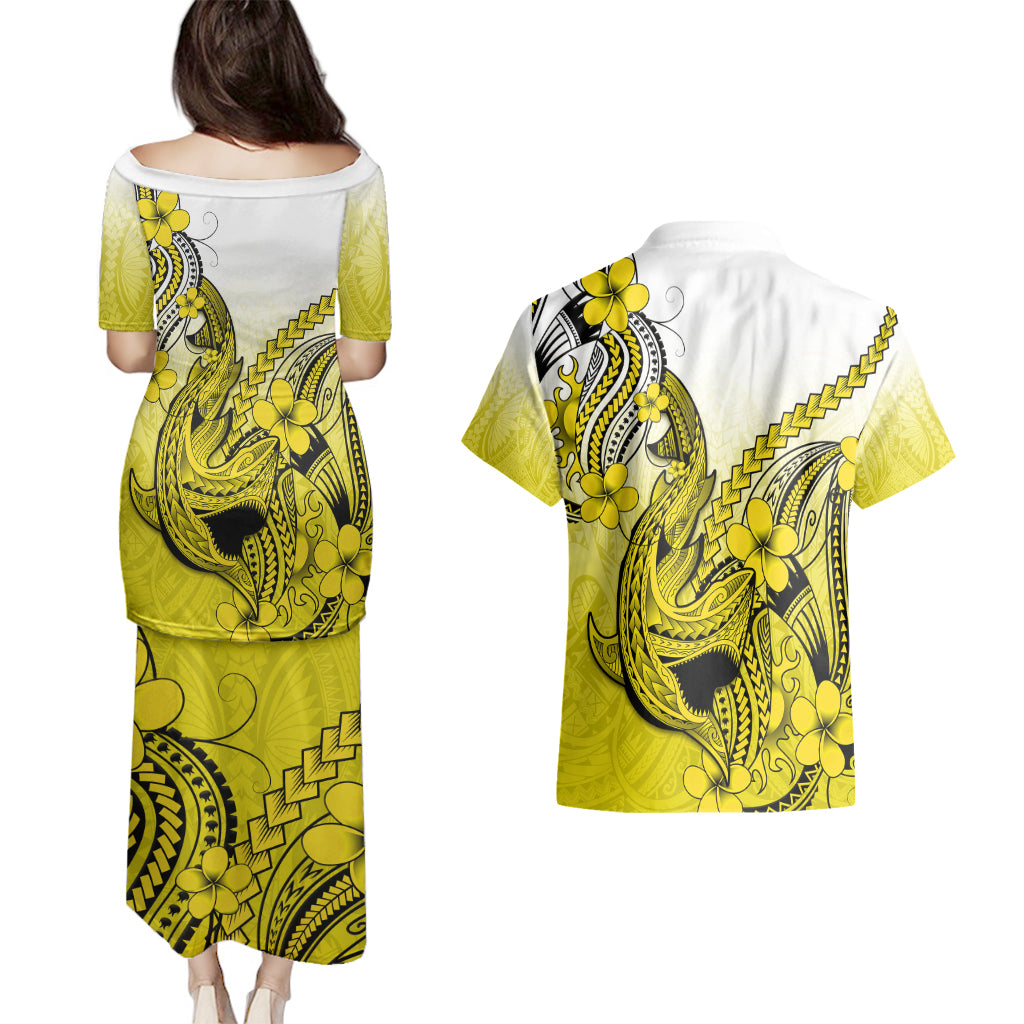 Hawaii Couples Matching Puletasi Dress and Hawaiian Shirt Polynesian Shark Tattoo With Plumeria Yellow Gradient - Wonder Print Shop