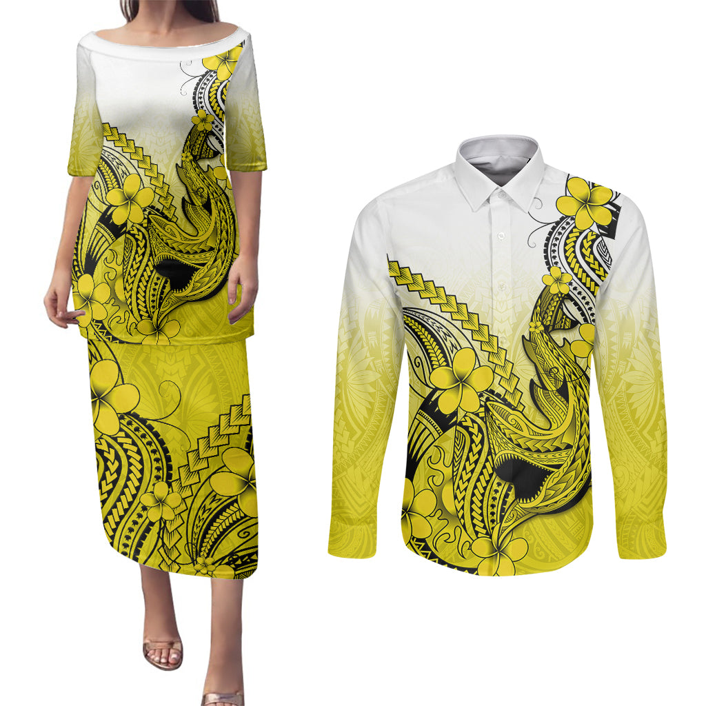 Hawaii Couples Matching Puletasi Dress and Long Sleeve Button Shirts Polynesian Shark Tattoo With Plumeria Yellow Gradient - Wonder Print Shop