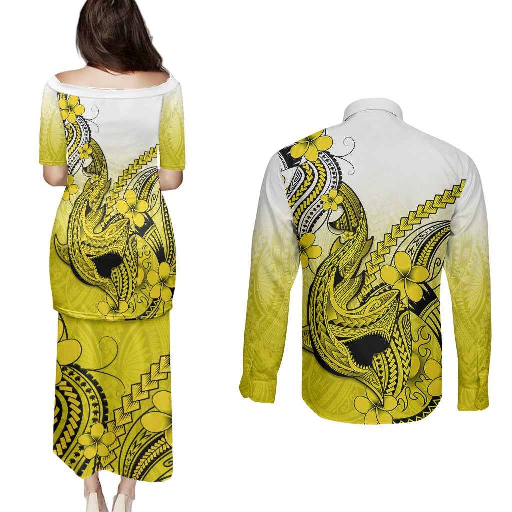 Hawaii Couples Matching Puletasi Dress and Long Sleeve Button Shirts Polynesian Shark Tattoo With Plumeria Yellow Gradient - Wonder Print Shop