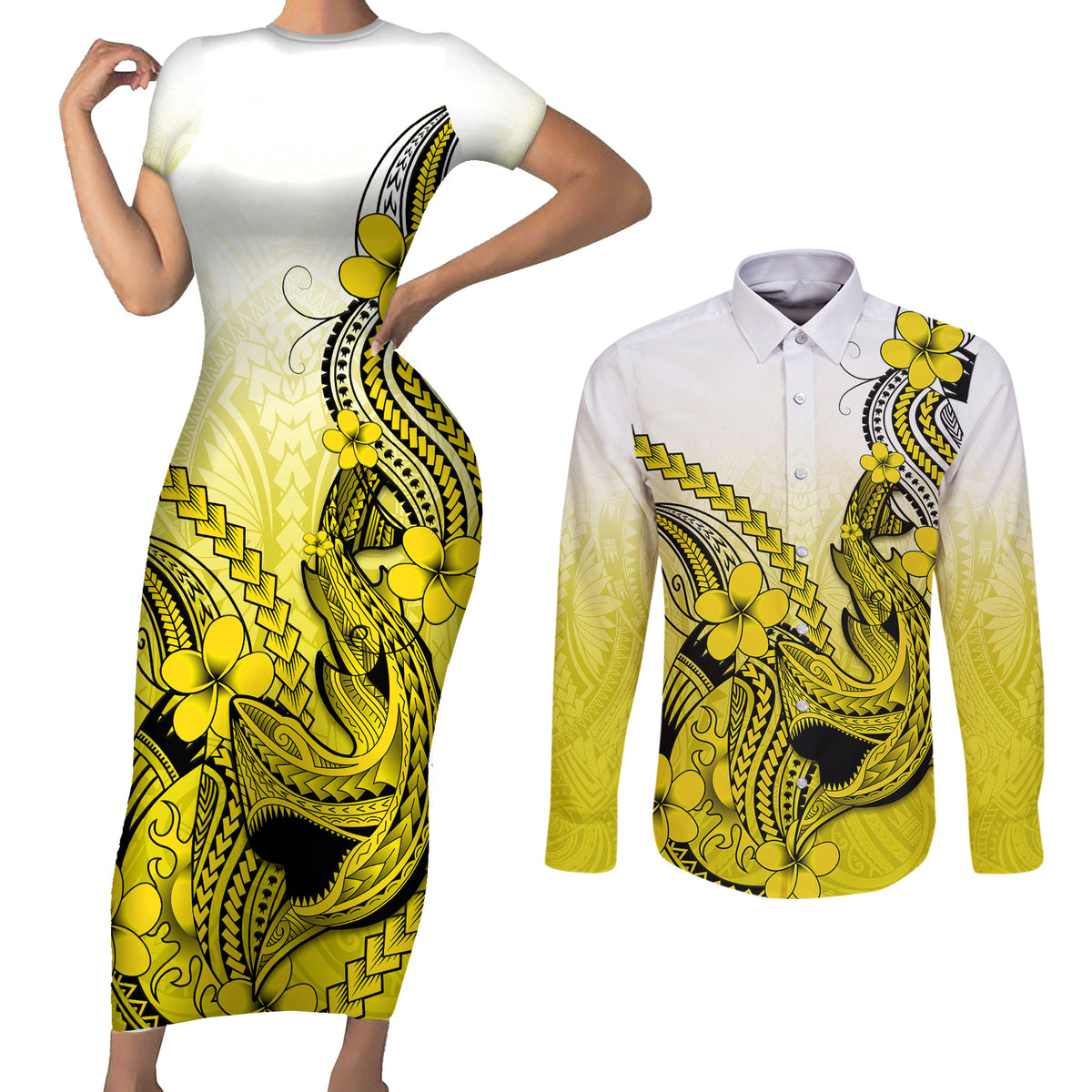 Hawaii Couples Matching Short Sleeve Bodycon Dress and Long Sleeve Button Shirts Polynesian Shark Tattoo With Plumeria Yellow Gradient - Wonder Print Shop