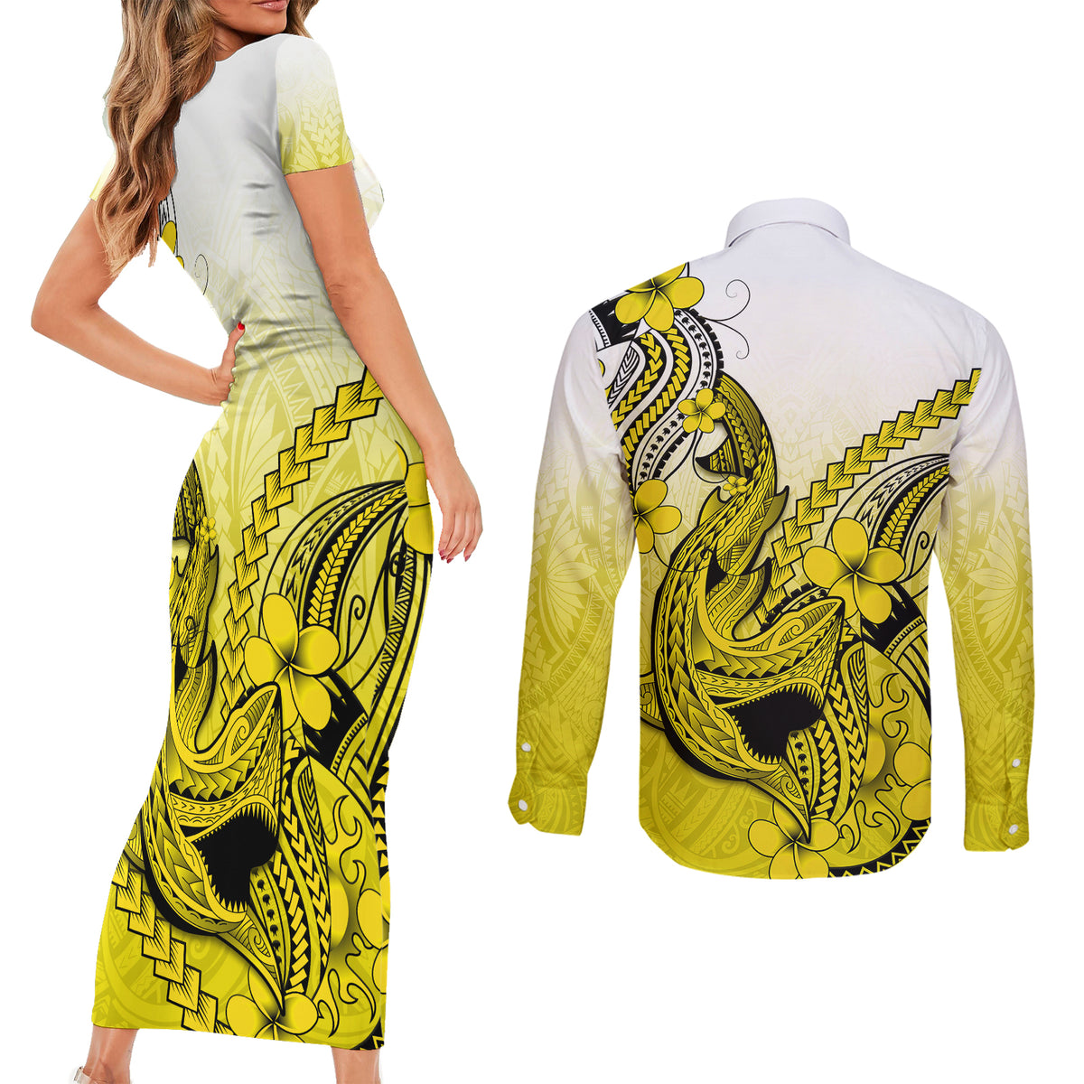 Hawaii Couples Matching Short Sleeve Bodycon Dress and Long Sleeve Button Shirts Polynesian Shark Tattoo With Plumeria Yellow Gradient - Wonder Print Shop