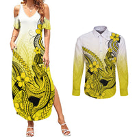 Hawaii Couples Matching Summer Maxi Dress and Long Sleeve Button Shirts Polynesian Shark Tattoo With Plumeria Yellow Gradient - Wonder Print Shop