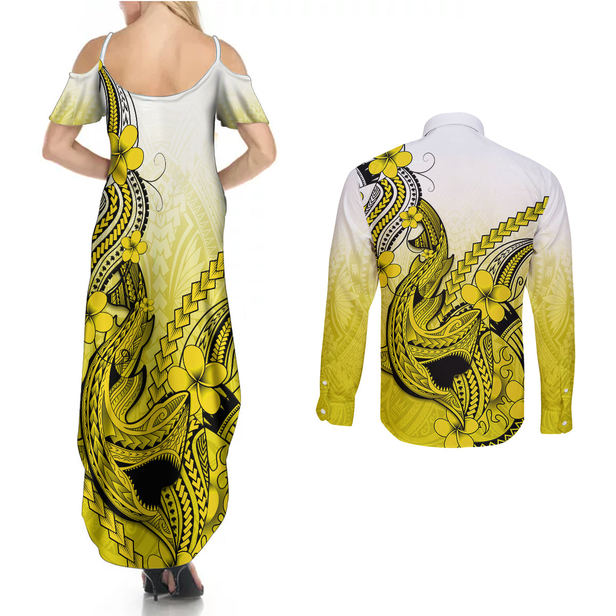 Hawaii Couples Matching Summer Maxi Dress and Long Sleeve Button Shirts Polynesian Shark Tattoo With Plumeria Yellow Gradient - Wonder Print Shop