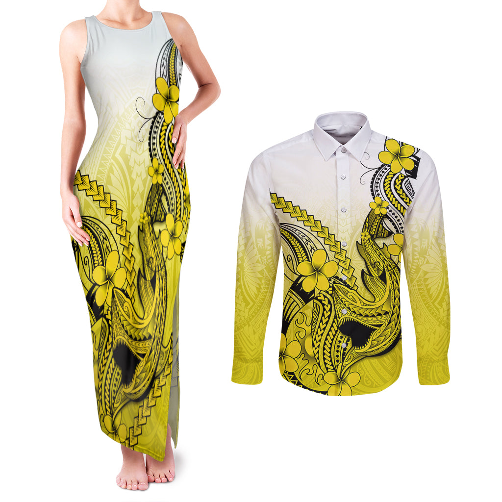 Hawaii Couples Matching Tank Maxi Dress and Long Sleeve Button Shirts Polynesian Shark Tattoo With Plumeria Yellow Gradient - Wonder Print Shop