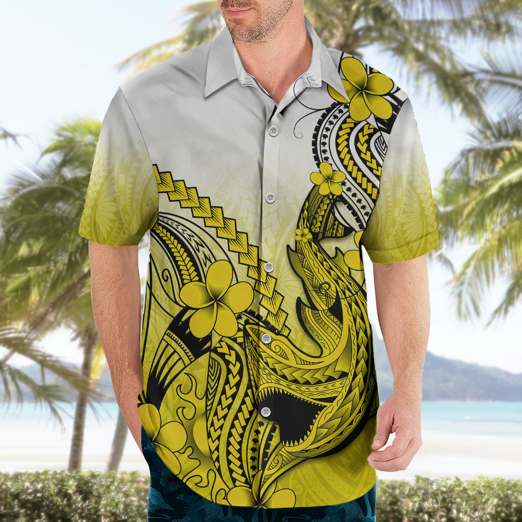Hawaii Hawaiian Shirt Polynesian Shark Tattoo With Plumeria Yellow Gradient - Wonder Print Shop