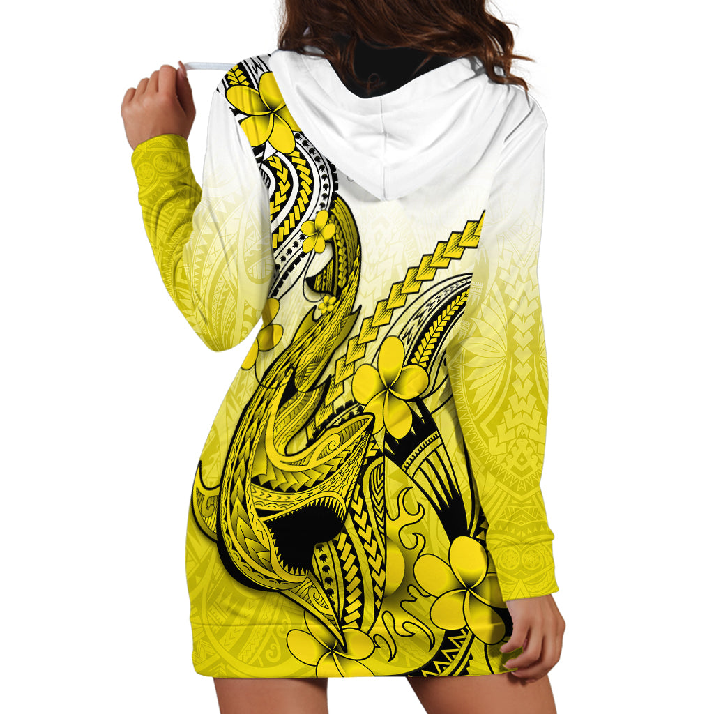 Hawaii Hoodie Dress Polynesian Shark Tattoo With Plumeria Yellow Gradient - Wonder Print Shop