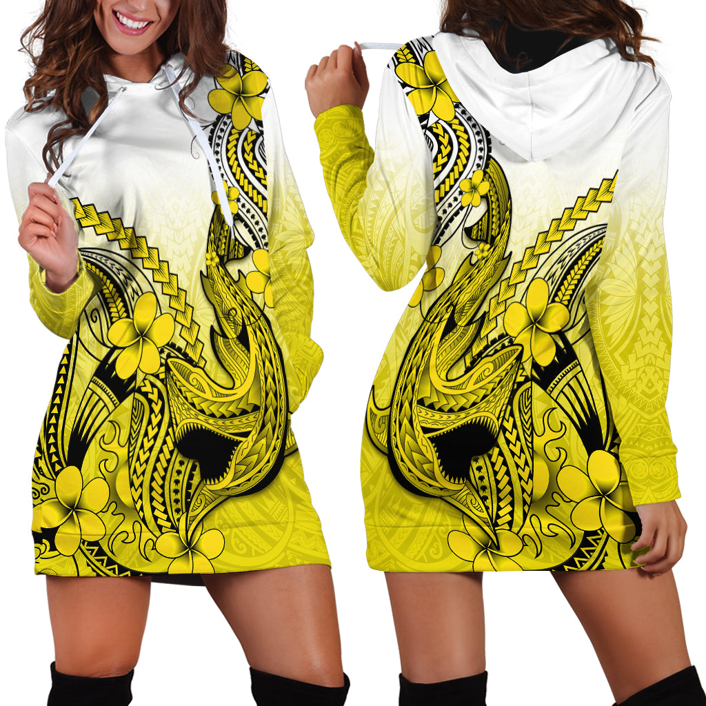 Hawaii Hoodie Dress Polynesian Shark Tattoo With Plumeria Yellow Gradient - Wonder Print Shop