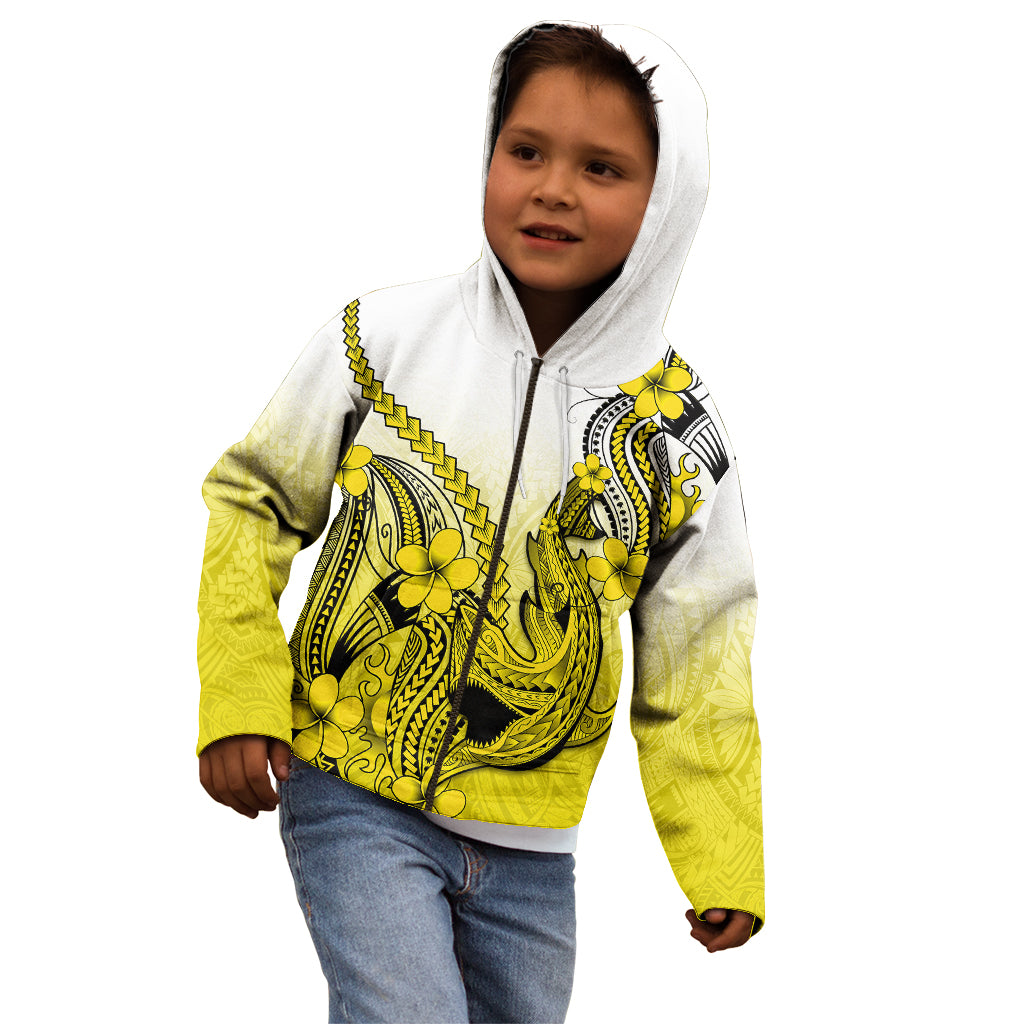 Hawaii Kid Hoodie Polynesian Shark Tattoo With Plumeria Yellow Gradient - Wonder Print Shop