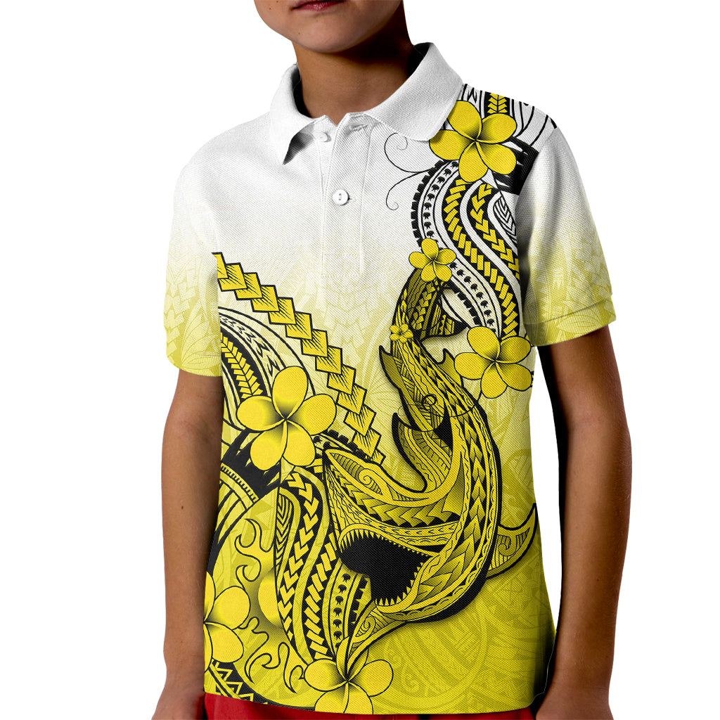 Hawaii Kid Polo Shirt Polynesian Shark Tattoo With Plumeria Yellow Gradient - Wonder Print Shop