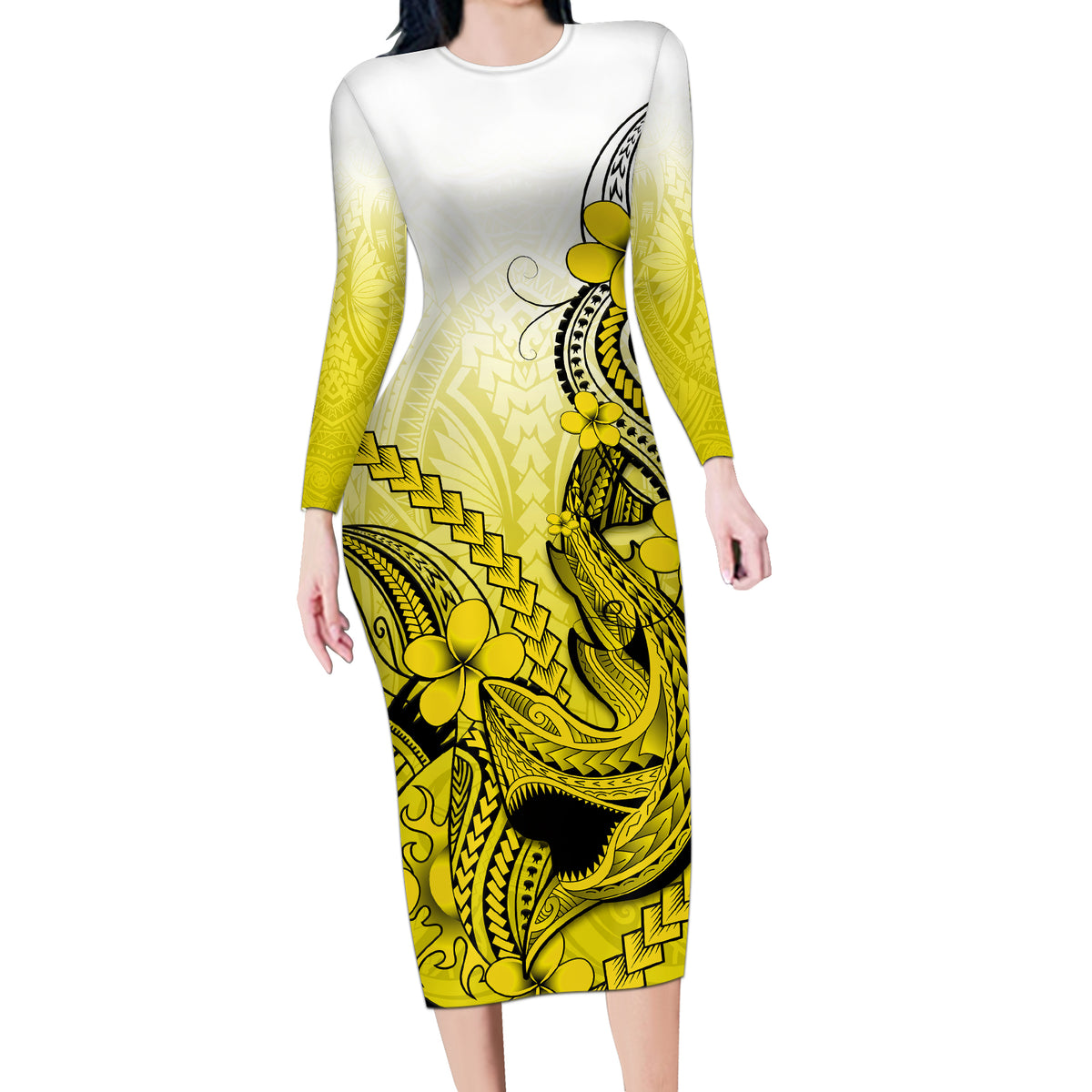 Hawaii Long Sleeve Bodycon Dress Polynesian Shark Tattoo With Plumeria Yellow Gradient - Wonder Print Shop