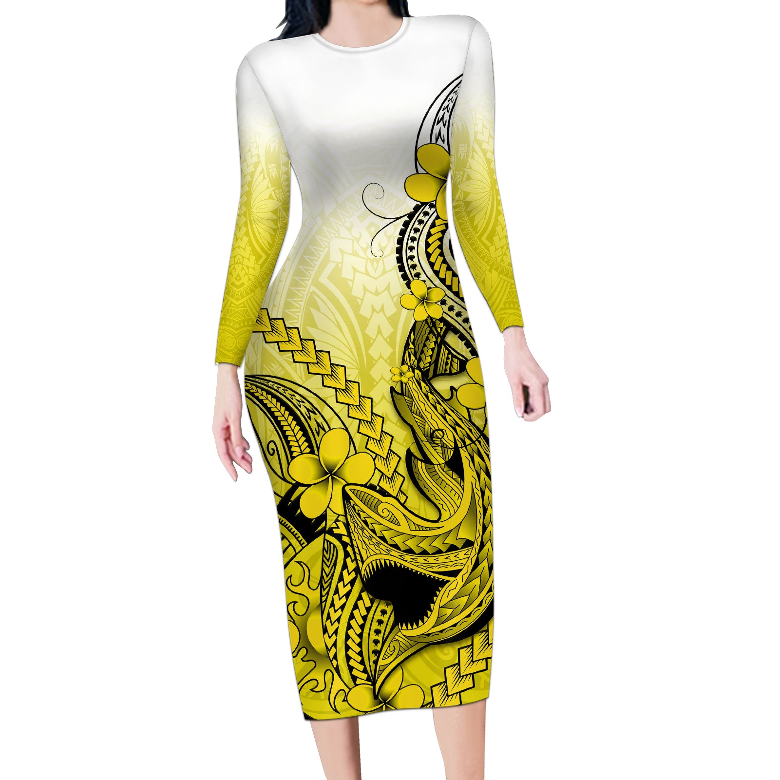 Hawaii Long Sleeve Bodycon Dress Polynesian Shark Tattoo With Plumeria Yellow Gradient - Wonder Print Shop