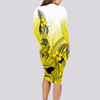 Hawaii Long Sleeve Bodycon Dress Polynesian Shark Tattoo With Plumeria Yellow Gradient - Wonder Print Shop