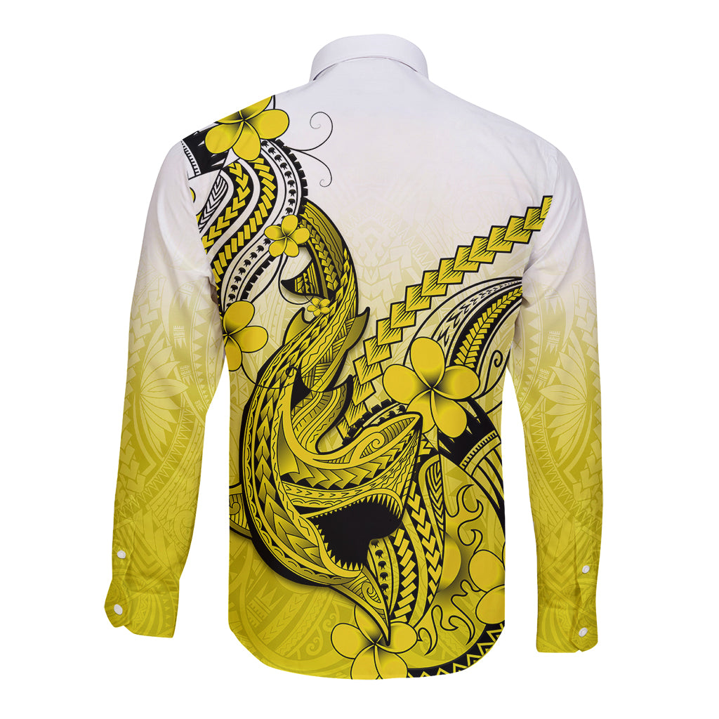 Hawaii Long Sleeve Button Shirt Polynesian Shark Tattoo With Plumeria Yellow Gradient - Wonder Print Shop
