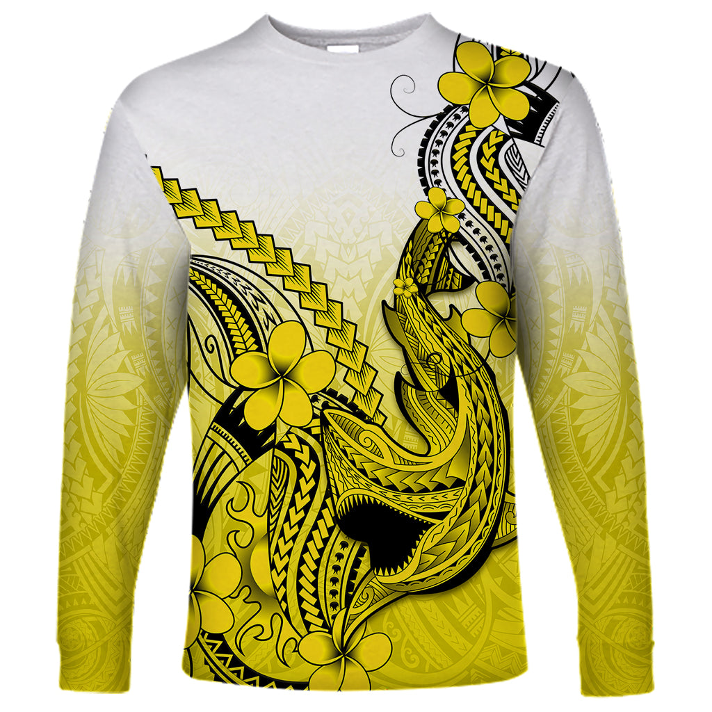 Hawaii Long Sleeve Shirt Polynesian Shark Tattoo With Plumeria Yellow Gradient - Wonder Print Shop