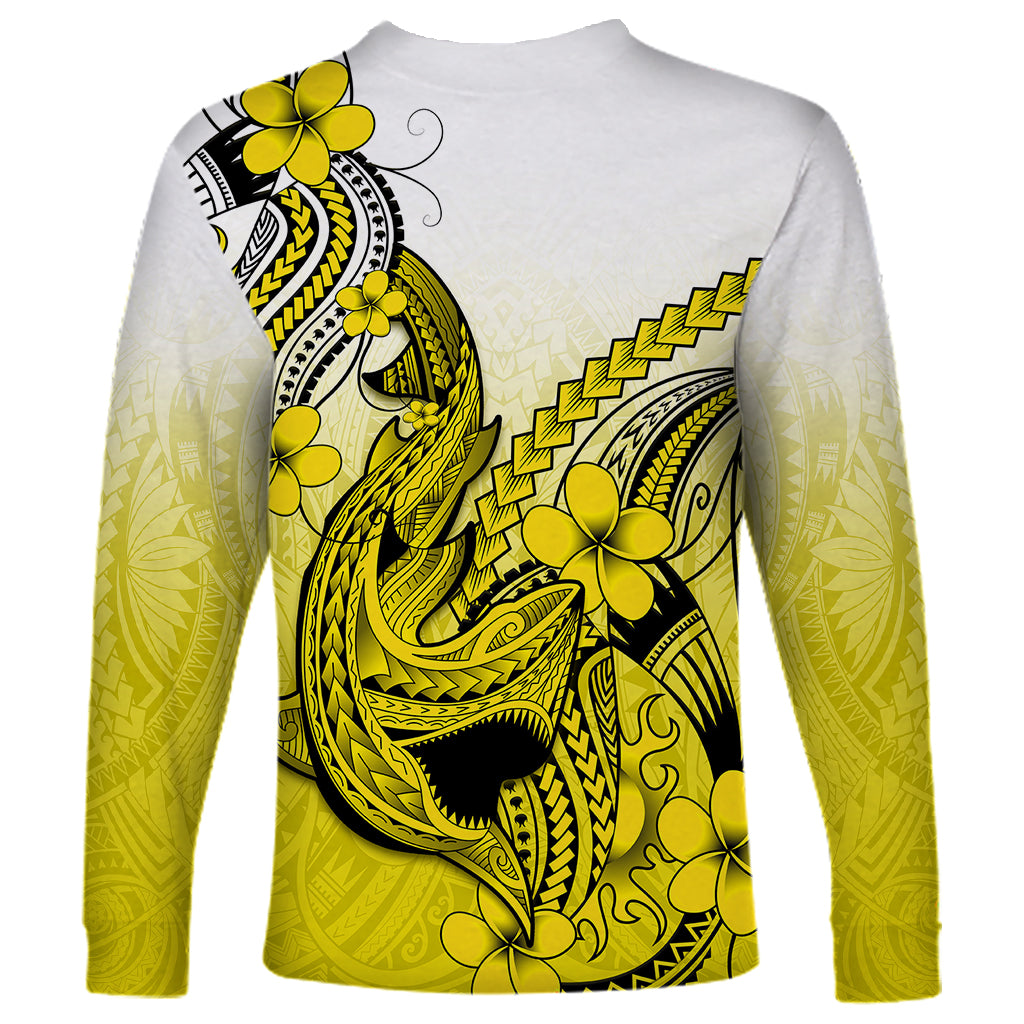 Hawaii Long Sleeve Shirt Polynesian Shark Tattoo With Plumeria Yellow Gradient - Wonder Print Shop