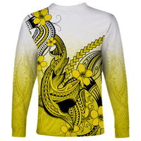 Hawaii Long Sleeve Shirt Polynesian Shark Tattoo With Plumeria Yellow Gradient - Wonder Print Shop