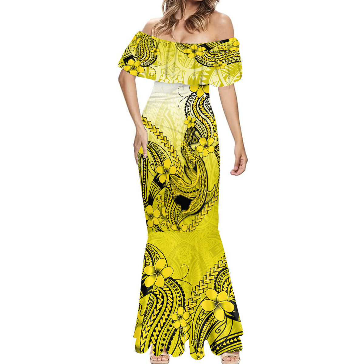 Hawaii Mermaid Dress Polynesian Shark Tattoo With Plumeria Yellow Gradient - Wonder Print Shop