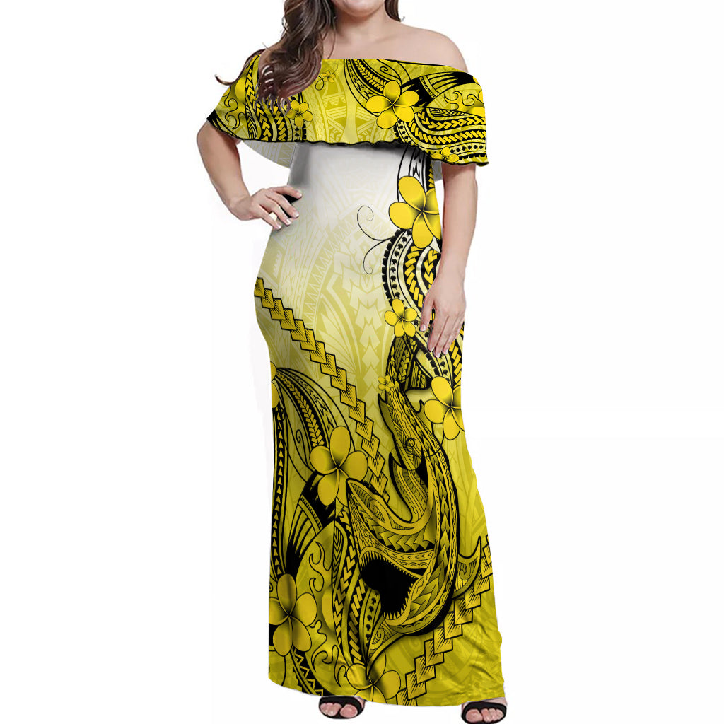 Hawaii Off Shoulder Maxi Dress Polynesian Shark Tattoo With Plumeria Yellow Gradient - Wonder Print Shop