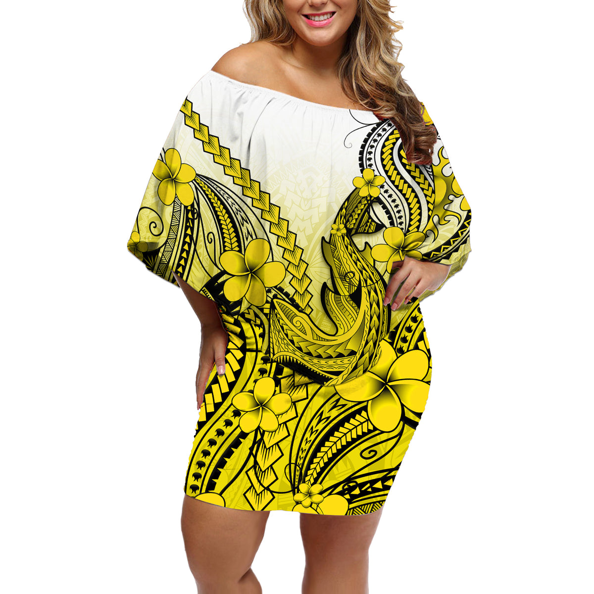 Hawaii Off Shoulder Short Dress Polynesian Shark Tattoo With Plumeria Yellow Gradient - Wonder Print Shop