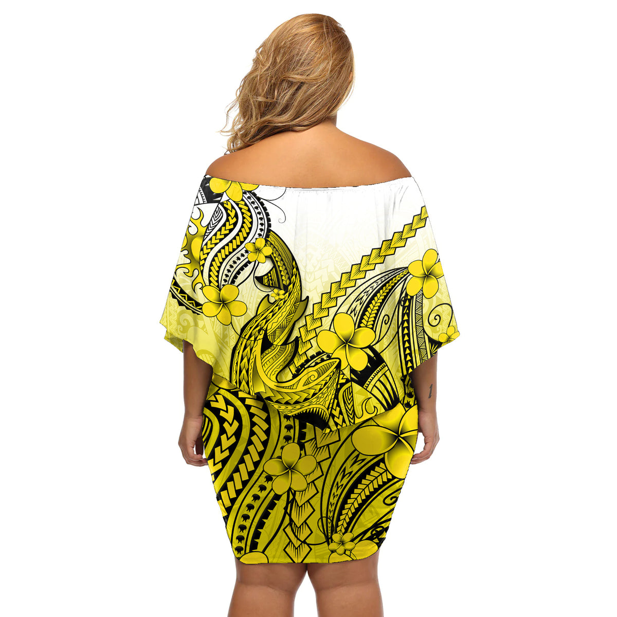 Hawaii Off Shoulder Short Dress Polynesian Shark Tattoo With Plumeria Yellow Gradient - Wonder Print Shop