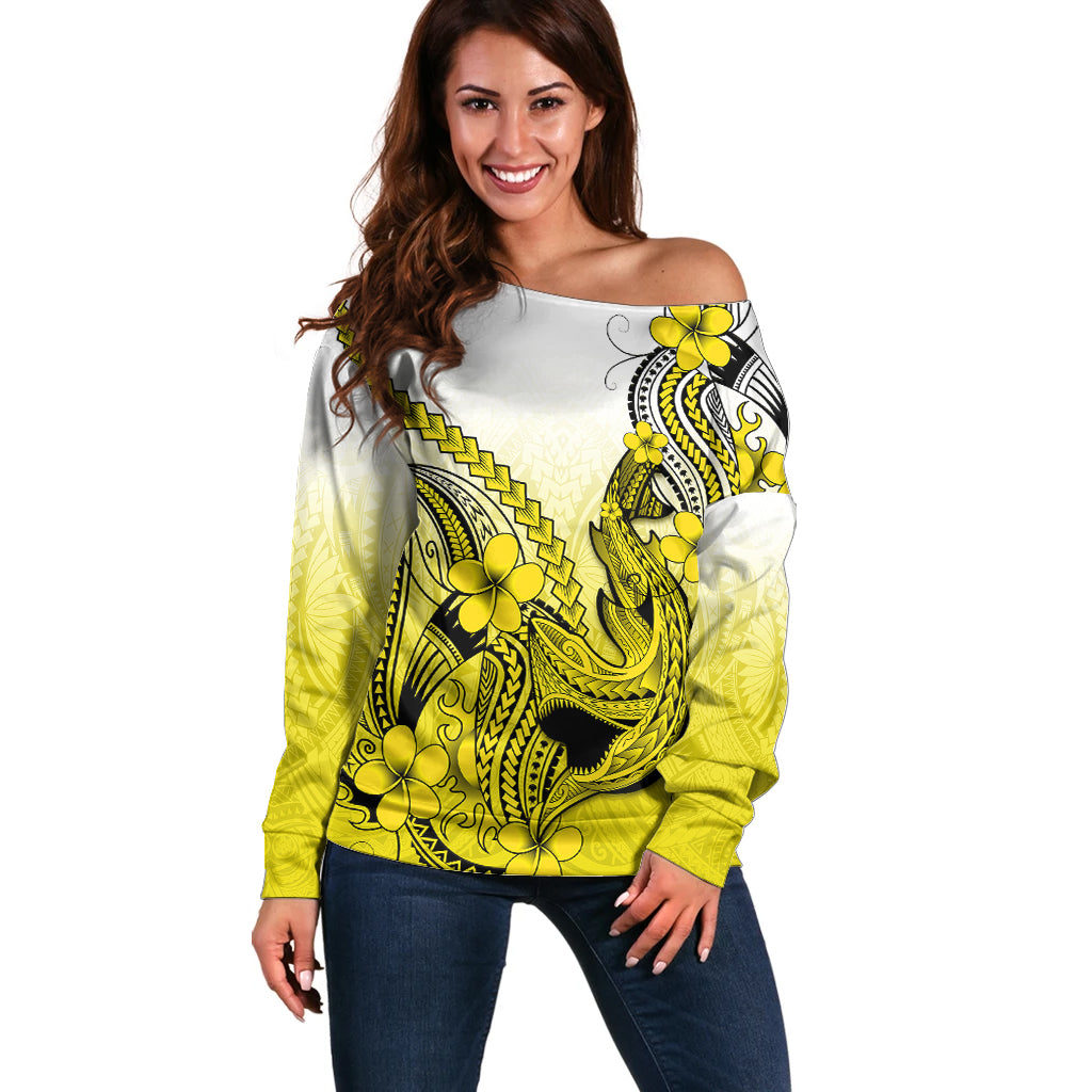 Hawaii Off Shoulder Sweater Polynesian Shark Tattoo With Plumeria Yellow Gradient - Wonder Print Shop
